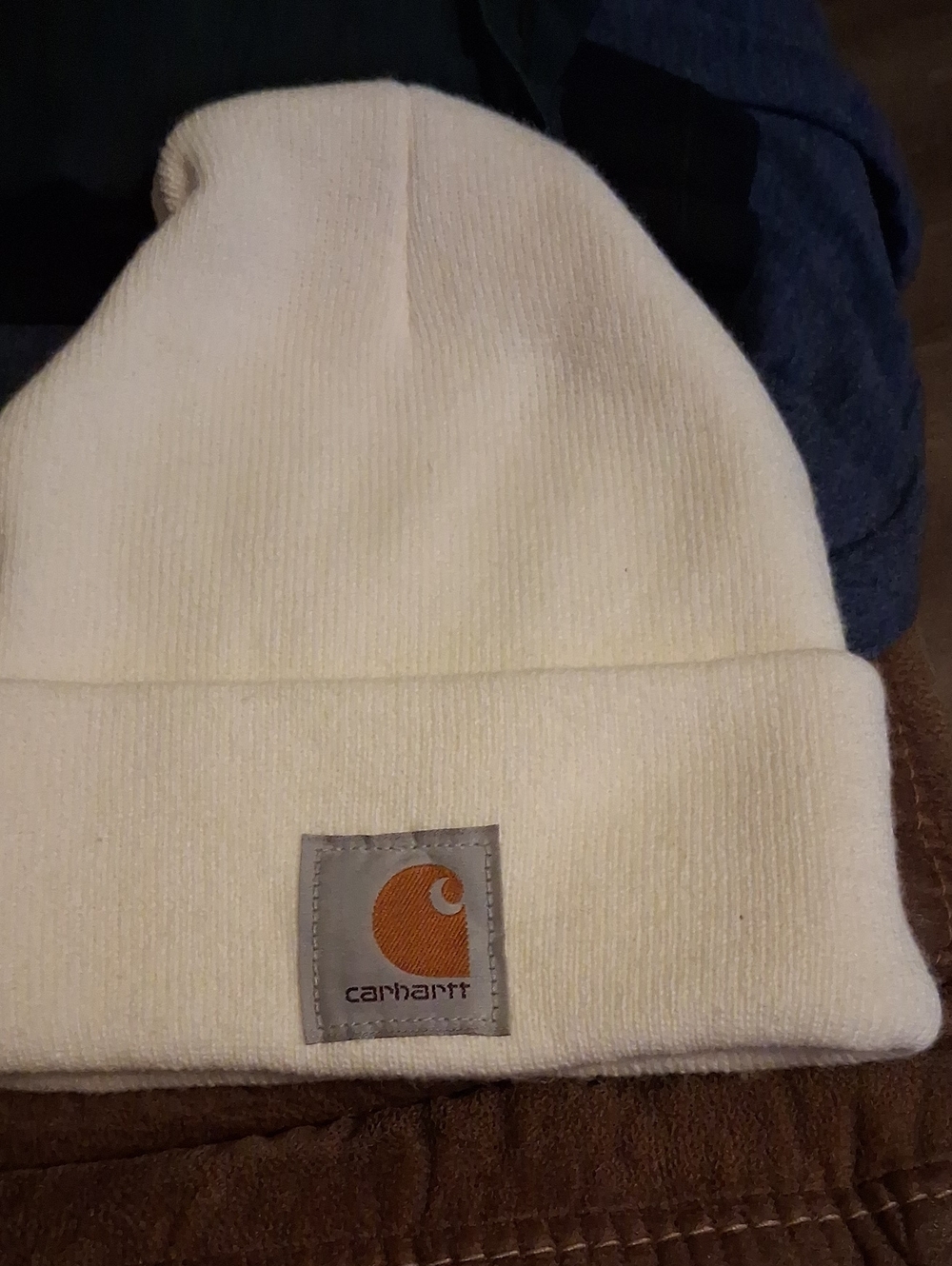 Carhartt Adult Cream Beanie with Orange Logo Patch